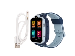 Smartwatch infantil 4G com GPS, videochamadas, à prova d'água IP67 e tela sensível ao toque azul.