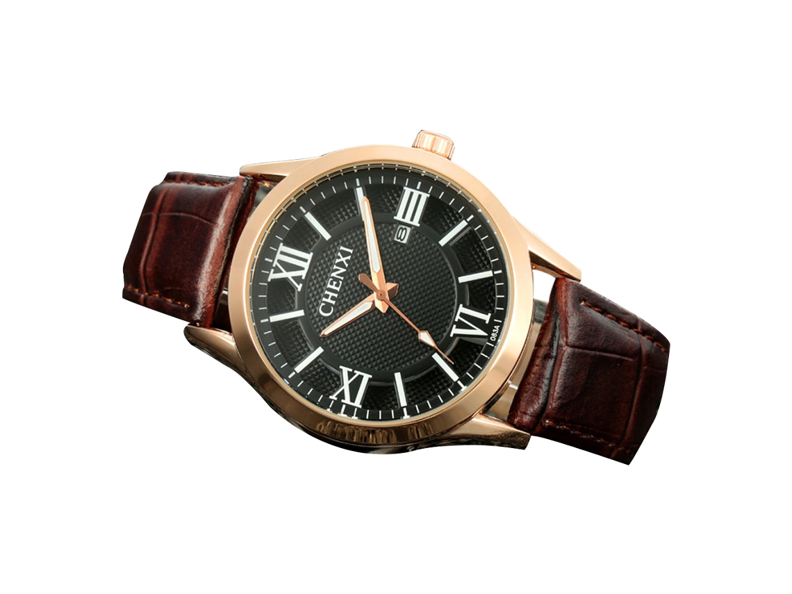 Reloj De Pulsera De Aleación Con Dial Redondo Analógico Correa De Cuero Pu (oro Negro)