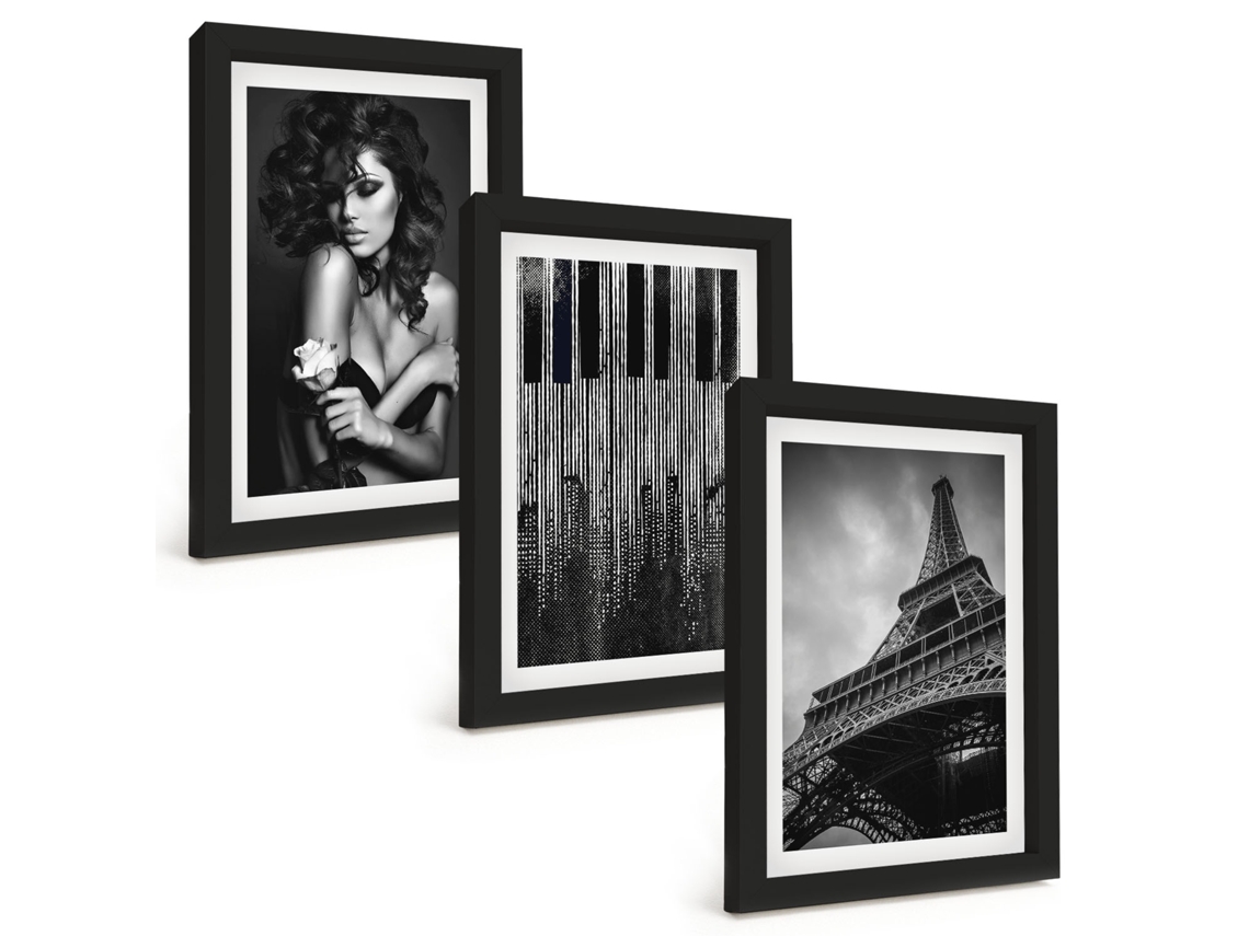 Quadros Decorativos Para Parede Retrato De Uma Mulher Com Uma Rosa Eiffel Moldura Preta Quadros Para O Escritório Espelharte (3 Peças 20x30 Cm)