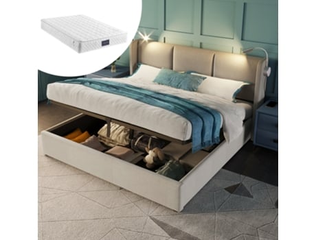 Cama Com Colchão De Casal E Cabeceira E Arrumação Estofada Espaço Luz Leitura Função Usb Pangshiyaun Linho Bege (160x200)