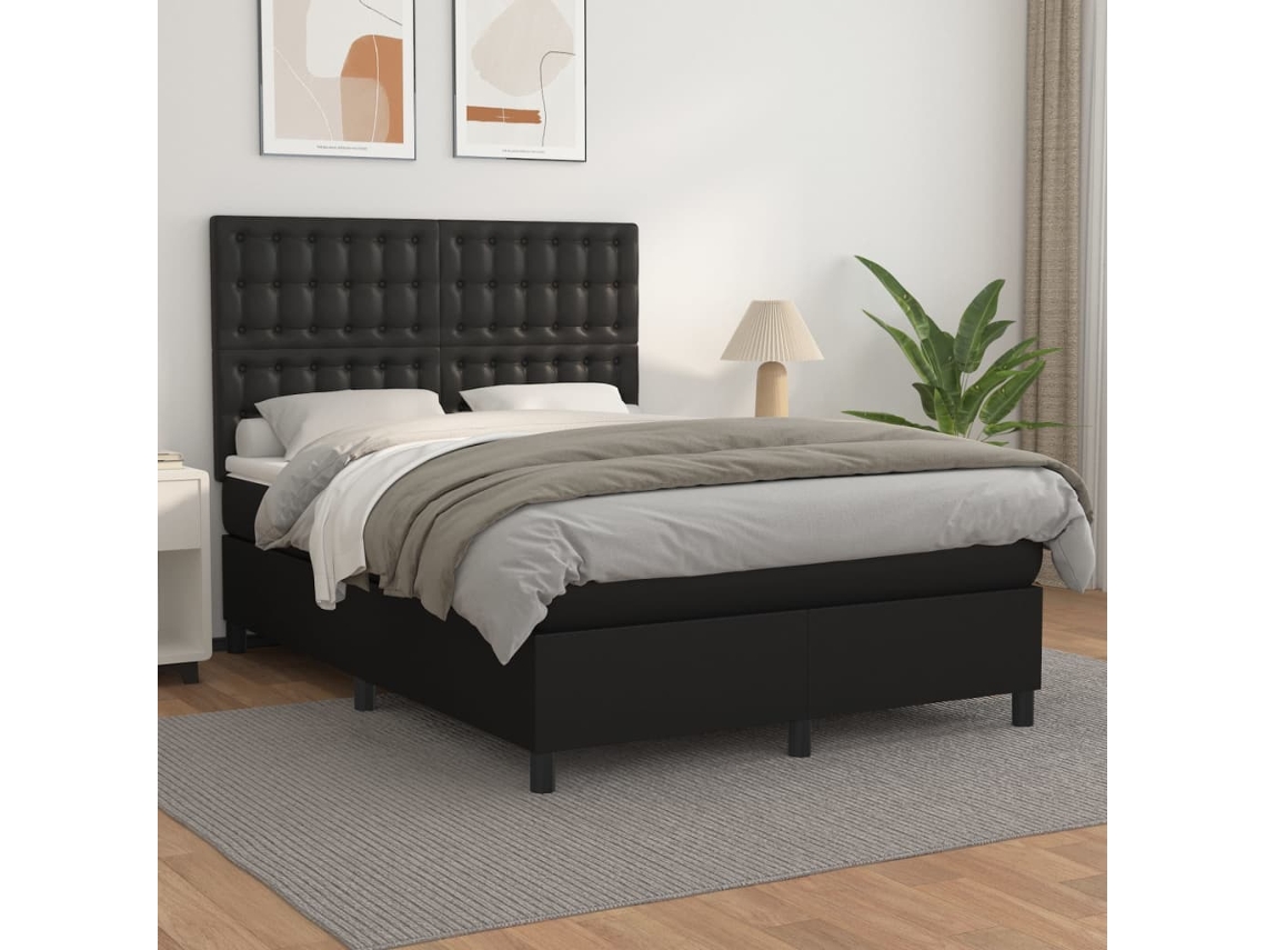 Cama com molas/colchão 140x200 cm couro artificial preto