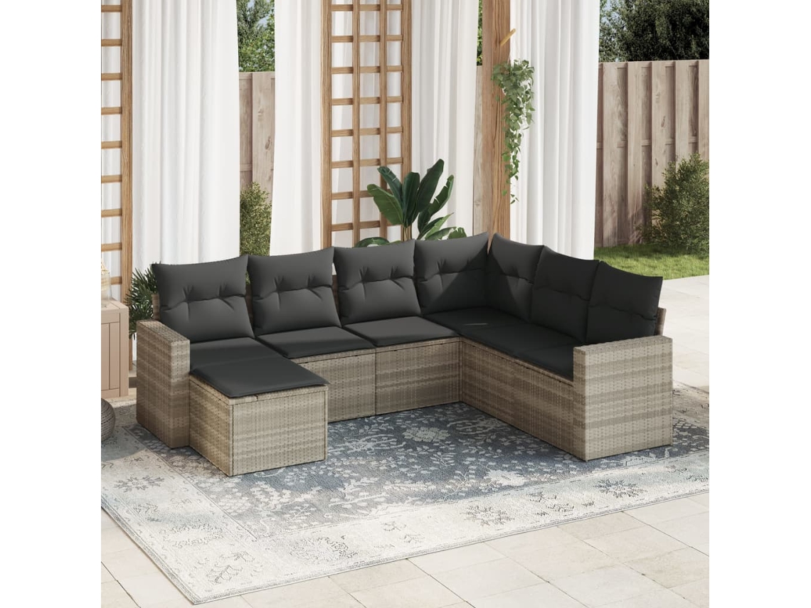 Vidaxl 7 Pcs Conj. Sofás Jardim Com Almofadões Vime Pe Cinzento-claro