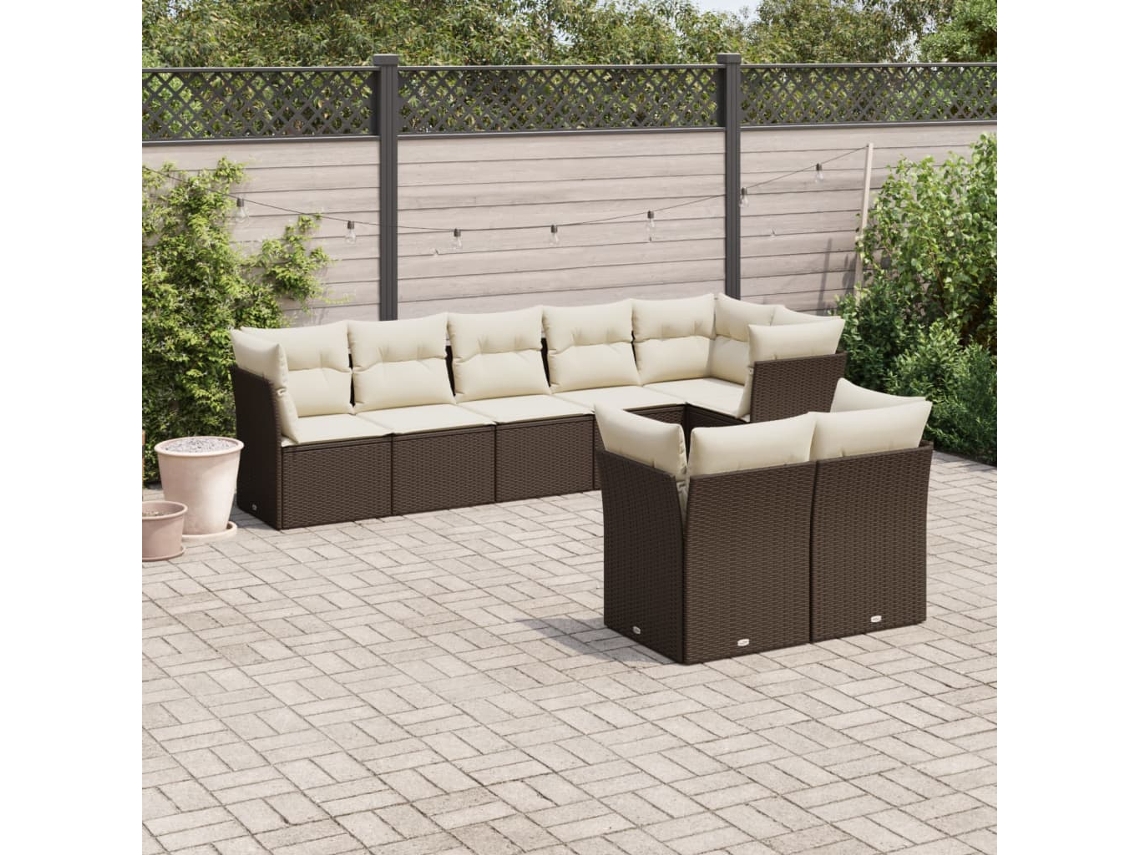 Vidaxl 8 Pcs Conjunto Sofás De Jardim C/ Almofadões Vime Pe Castanho