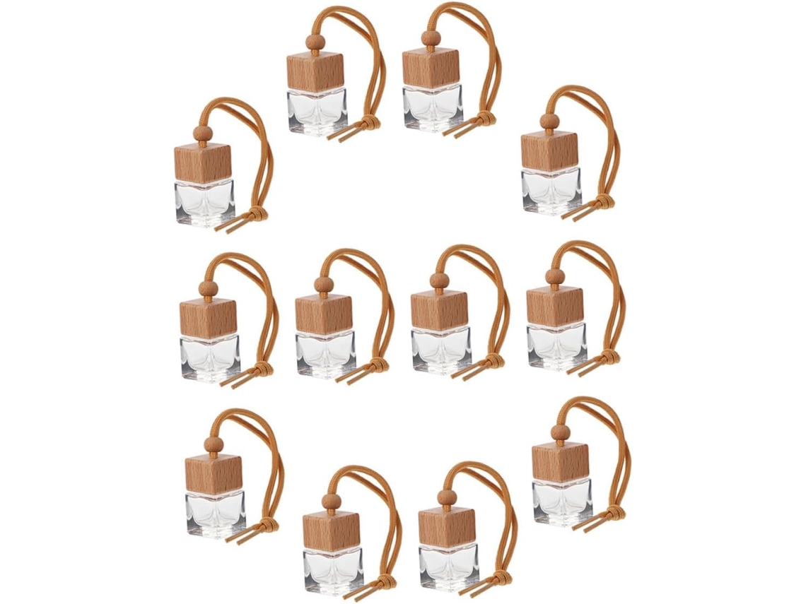 Conjunto de 12 frascos de perfume duráveis com tampas de madeira, design simples e elegante.