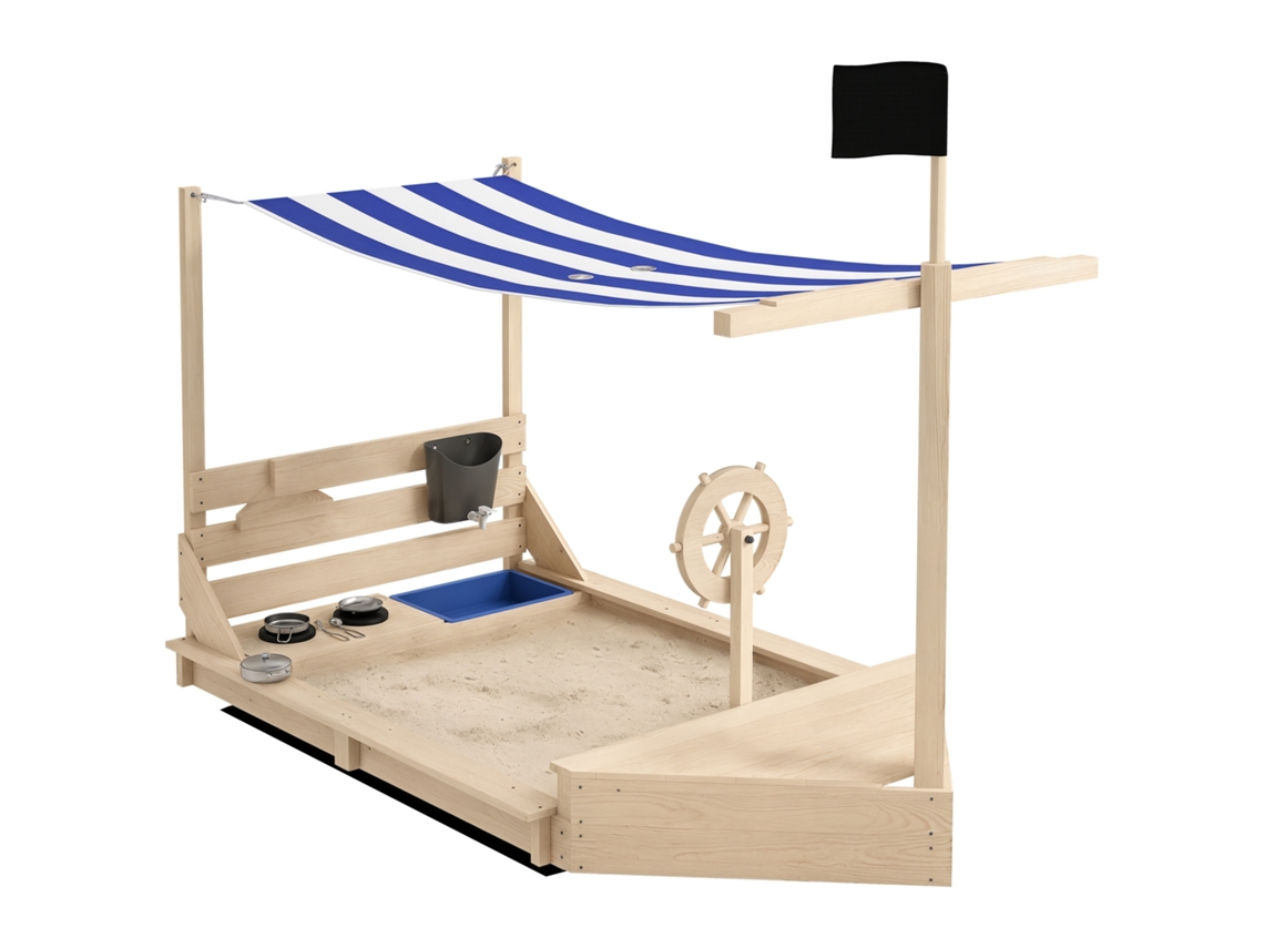 Caixa de areia de madeira com conjunto de cozinha, acessórios, baú, rádio, bandeira (180x103x144,5 cm) Natural | S/MARCA