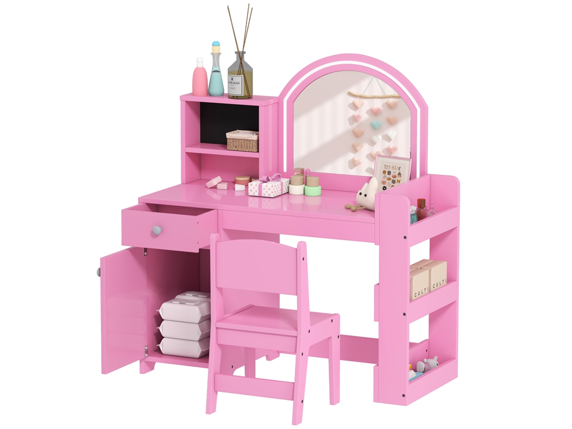 Tocador infantil BTFORUS com espelho com luzes LED, gaveta, armário e 5 prateleiras em rosa