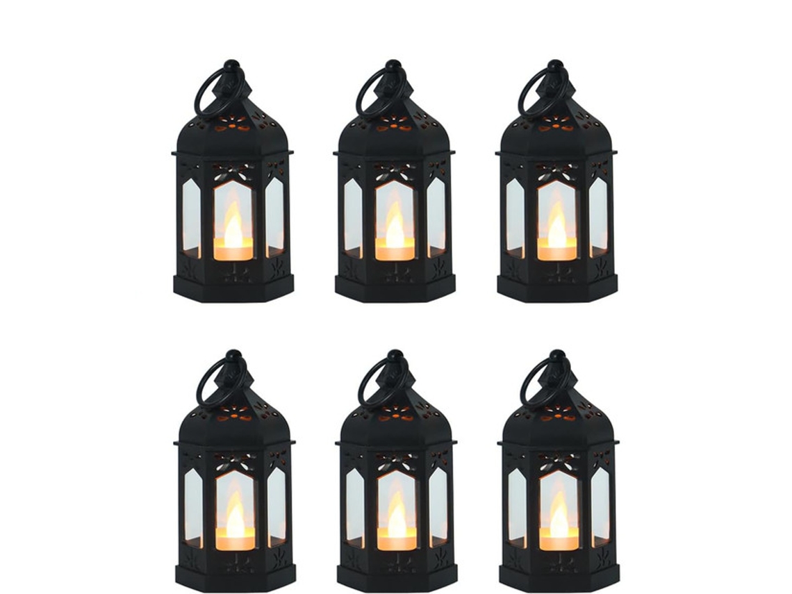 Conjunto 6 Lanternas Led Retro - Decoração Ramadan - Luz Vela Eletrónica - Candeeiro Mesa - Luz Quente - Pp - Preto