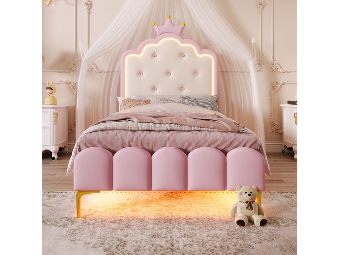 Cama Estofada, 90 X 200 Cm, Com Estrado (sem Colchão), Luz Ambiente Com Controle Remoto, Forma De Princesa, Material Pu, Rosa.