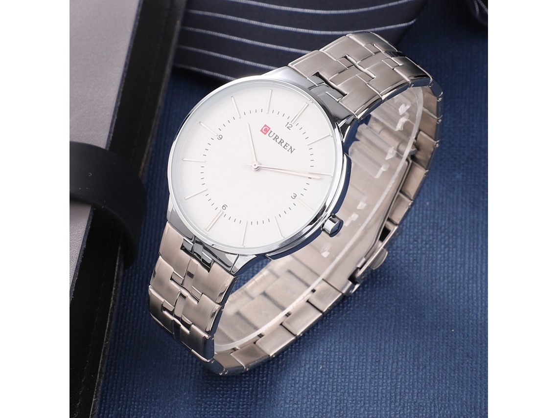 Relógio masculino elegante para negócios, em aço inoxidável, resistente à água, com movimento de quartzo casual e caixa branca.