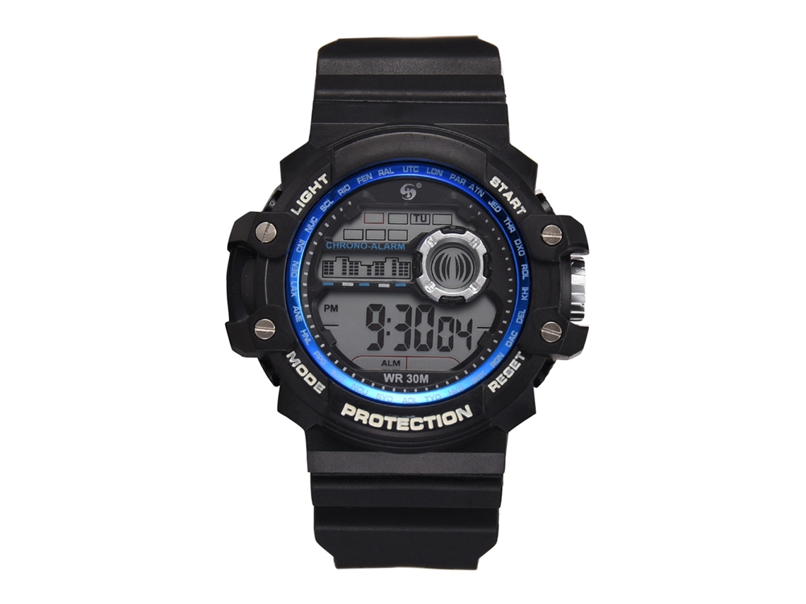 Relógio esportivo à prova d'água para homens e estudantes, com pulseira eletrônica de borracha azul.