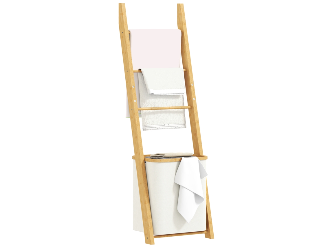 Prateleira do Banheiro. Prateleira de Banheiro 2 em 1 com 3 Hastes. Cesto de Roupa Removível de 48l. Bambu. 43 X 35 X 133 Cm. Branco Cremoso Ge