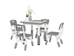 Conjunto de 1 Mesa e 4 Cadeiras para Crianças com Altura Ajustável. Conjunto de 5 Peças. Cinza Ge