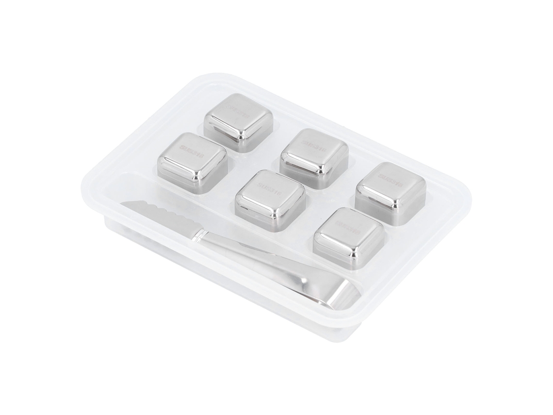 6pcs Cubos de Gelo de Aço Inoxidável Reutilizáveis com Pinça para Whiskey Vinho Cerveja | S/MARCA