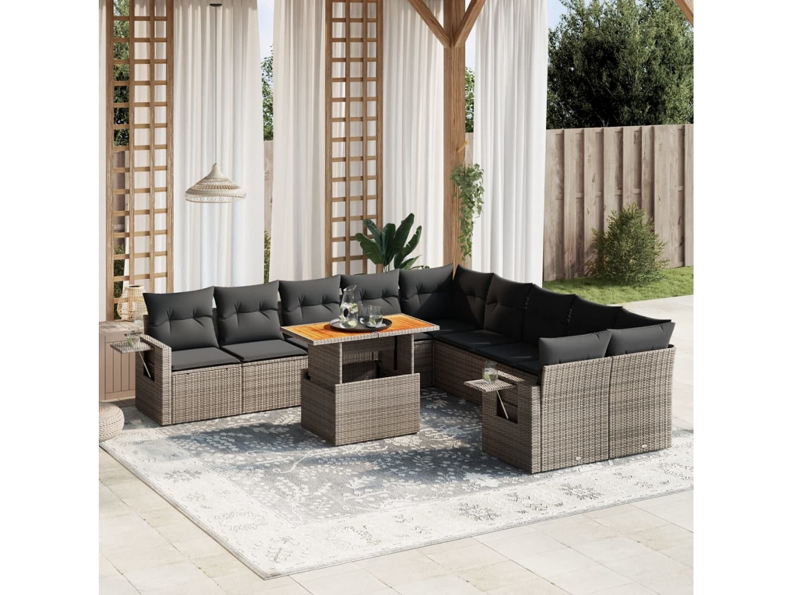 Vidaxl 11 Pcs Conjunto Sofás De Jardim C/ Almofadões Vime Pe Cinzento