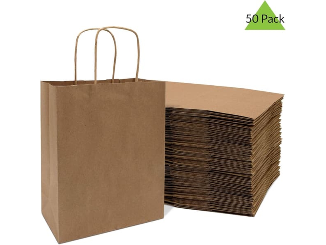 Sacos De Papel Kraft Com Alças – 20x10x25 Cm (8x4x10 Polegadas), Pacote Com 50 Unidades.