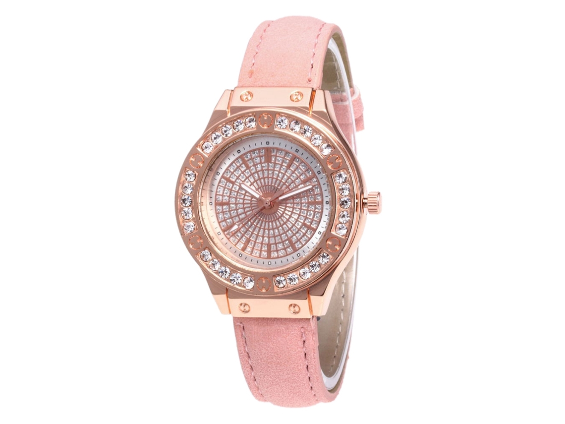 Relógio de Pulso Feminino de Quartzo com Pulseira de Couro Pu e Strass Rosa Zhoulianfa