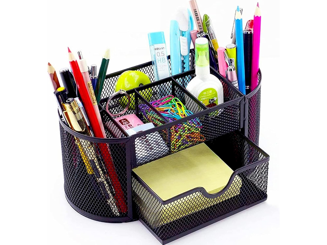 Organizador de Mesa em Tela Metálica, Porta, Canetas com 8 Compartimentos e 1 Gaveta, Ideal para Guardar Materiais de Escritório BRILVIBERA