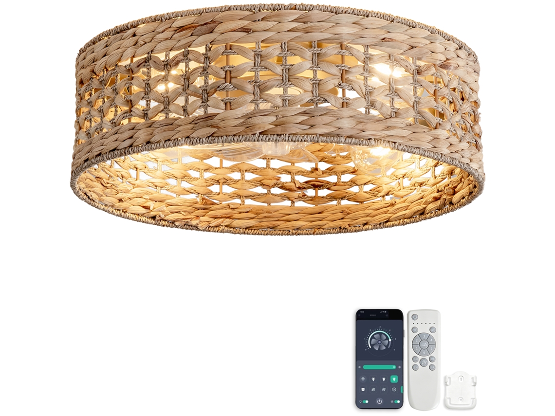 Ventilador De Teto 19 Polegadas Com Grade Em Rattan, Pás Abs, Design Vazado, Controlo Por Aplicação E Seis Velocidades