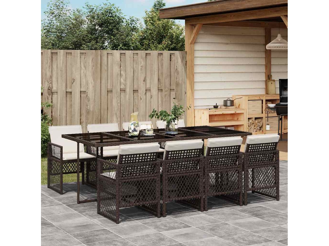 Vidaxl 9 Pcs Conjunto Jantar P/ Jardim C/ Almofadões Vime Pe Castanho