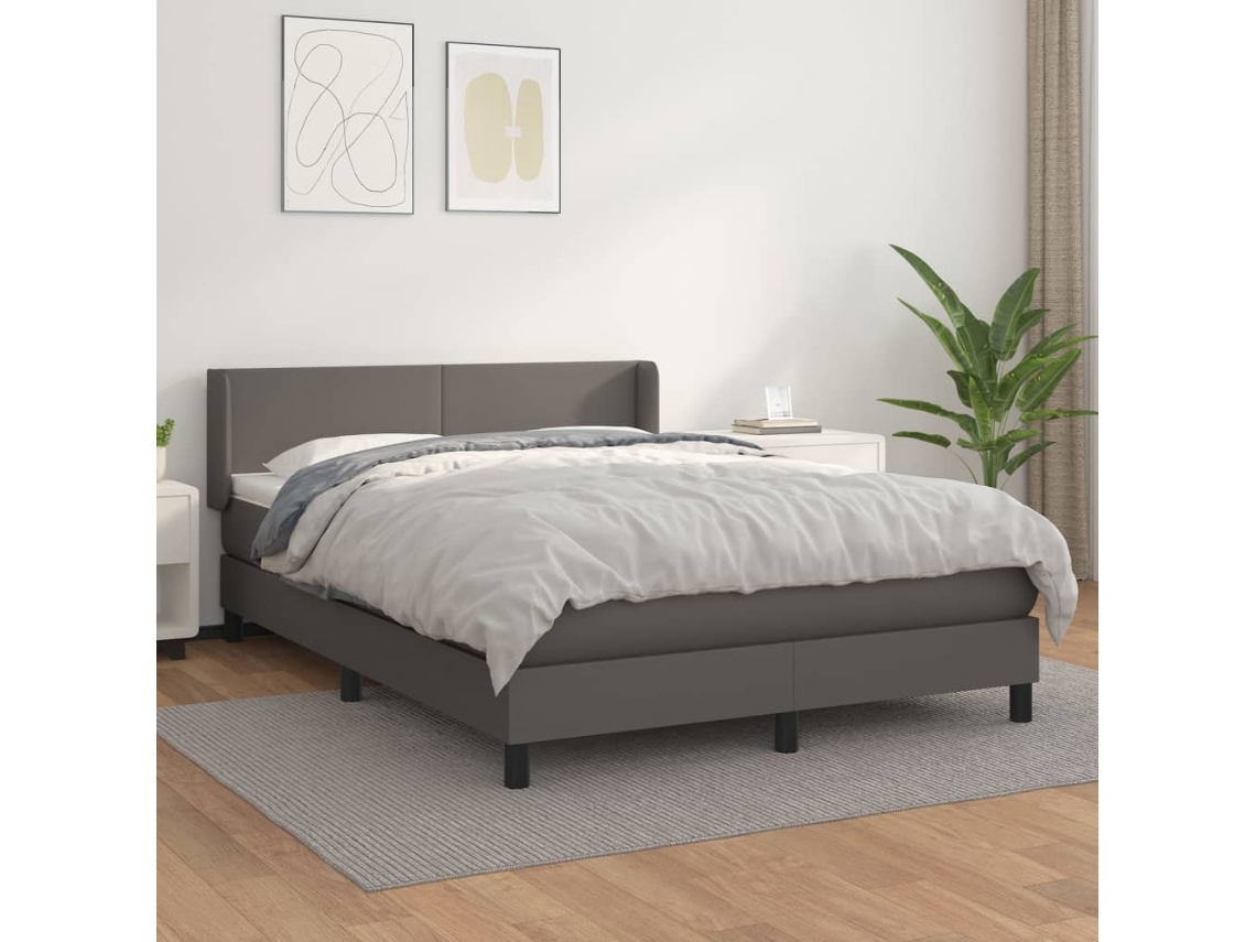 Vidaxl Cama Com Molas/colchão 140x200 Cm Couro Artificial Cinzento