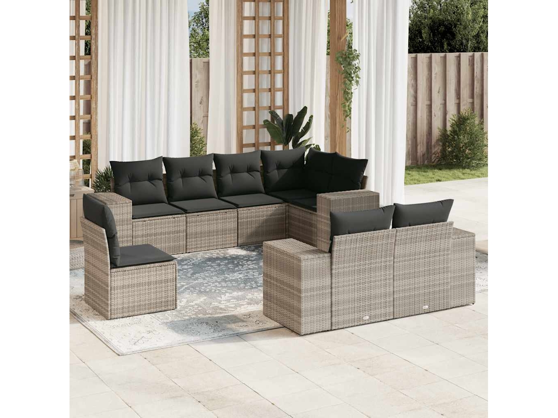 Vidaxl 8 Pcs Conj. Sofás Jardim C/ Almofadões Vime Pe Cinzento-claro