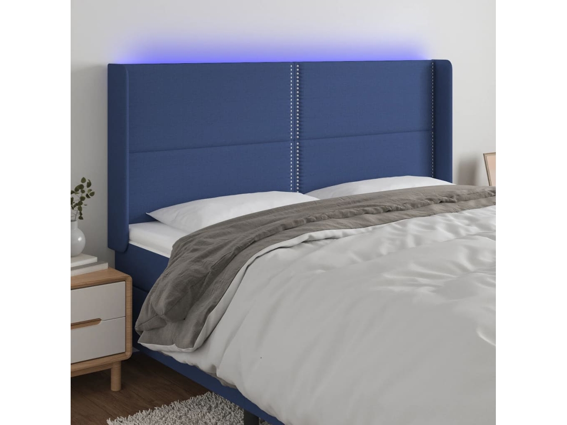 Vidaxl Cabeceira De Cama C/ Luzes Led Tecido 183x16x118/128 Cm Azul