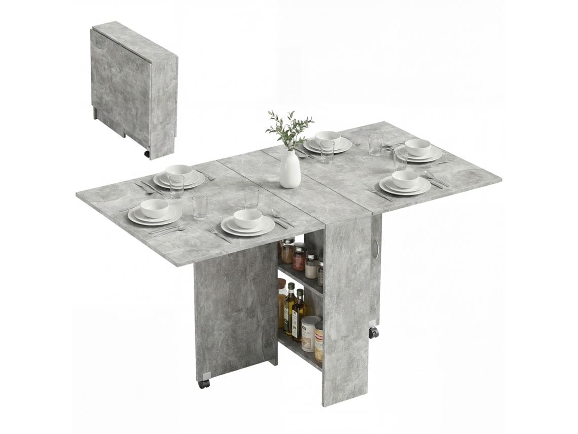 Mesa de Cozinha Dobrável com Rodas, 2 Prateleiras de Armazenamento e 2 Asas Dobráveis, Estilo Moderno 75x140x74 Cm Cinza de Cimento Ge