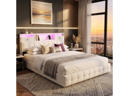 Cama de Casal em Veludo Bege com Elevador Hidráulico, Cabeceira com 2 Gavetas, Prateleiras e Led Rgb, 160x200 Cm LAZYSPACE