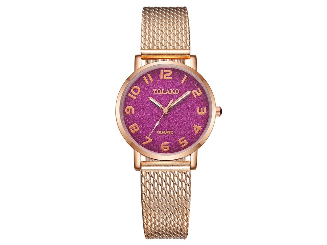 Relógio de Pulso Feminino Yolako de Quartzo com Cinto de Plástico Rosa Ouro+roxo