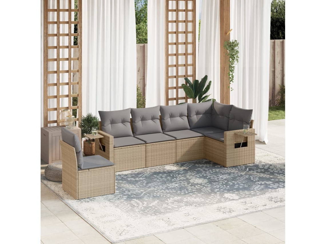Vidaxl 6 Pcs Conjunto De Sofás P/ Jardim Com Almofadões Vime Pe Bege