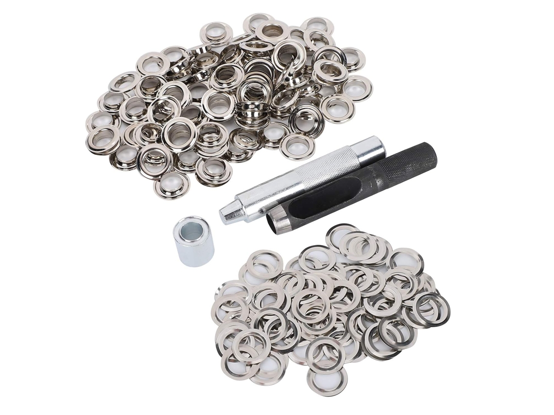 Kit com 100 ferramentas para Ilhós, incluindo cortador de furo.