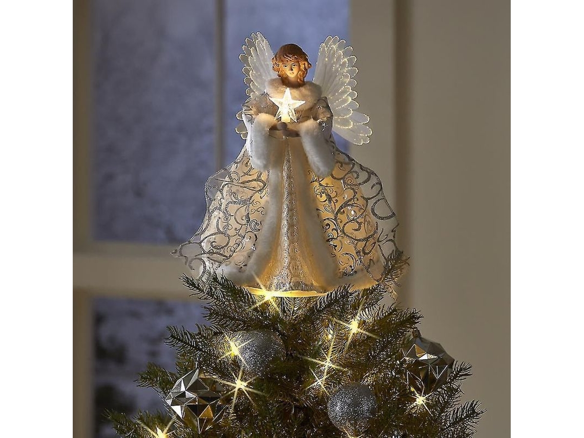 Topo De Árvore De Natal Anjo Com Asas De Fibra Óptica Estilo Inverno Congelado Prateado E Branco