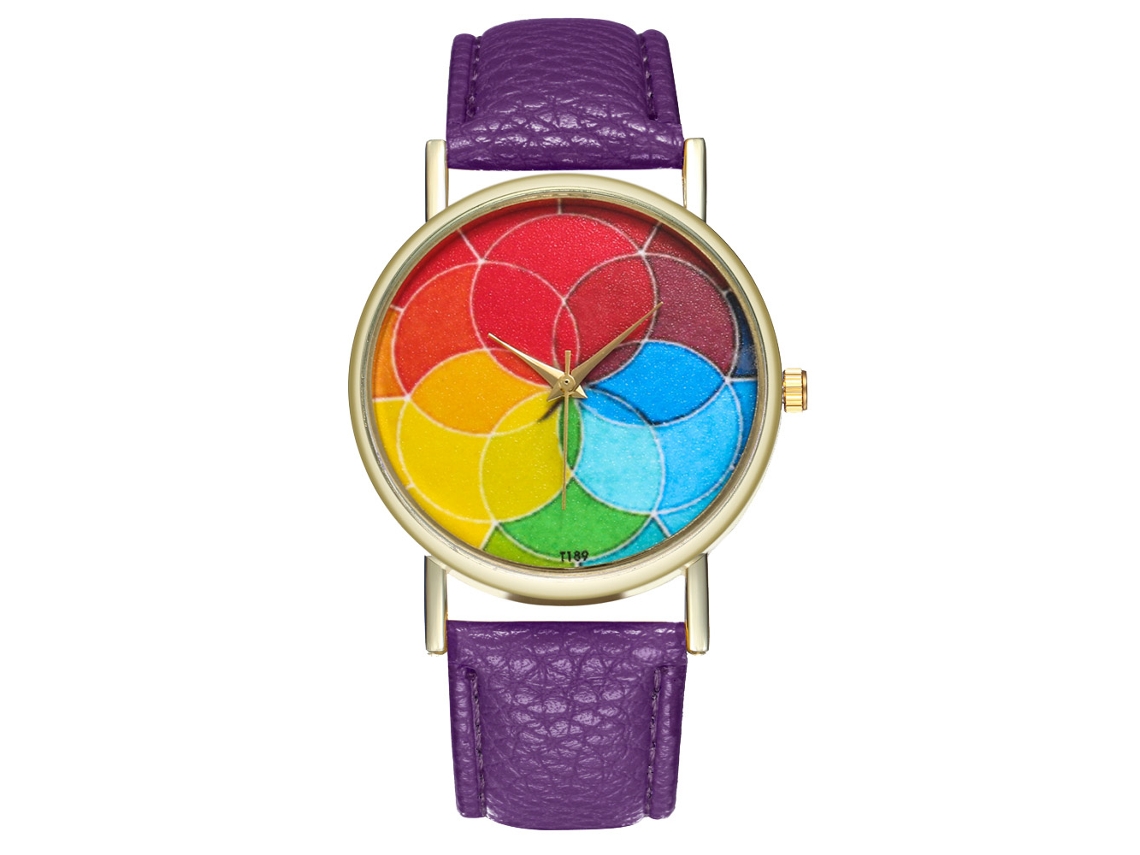 Relógio de quartzo unissex casual e moderno com pulseira de couro roxa.