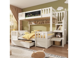 Beliche triplo 90x200 e 140x200 cm em madeira maciça com lousa, escada com armazenamento, branco VSOGA