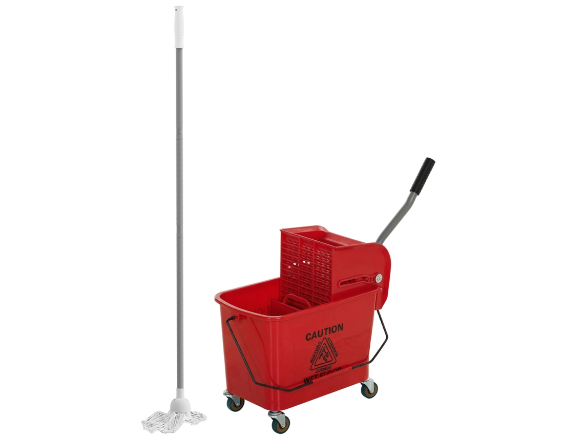 Balde para esfregão com espremedor, divisória e rodas, 20L, 45x26,5x70cm, vermelho, para limpeza doméstica BTFORUS