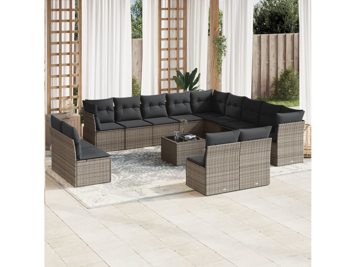 Vidaxl 14 Pcs Conjunto Sofás P/ Jardim C/ Almofadões Vime Pe Cinzento