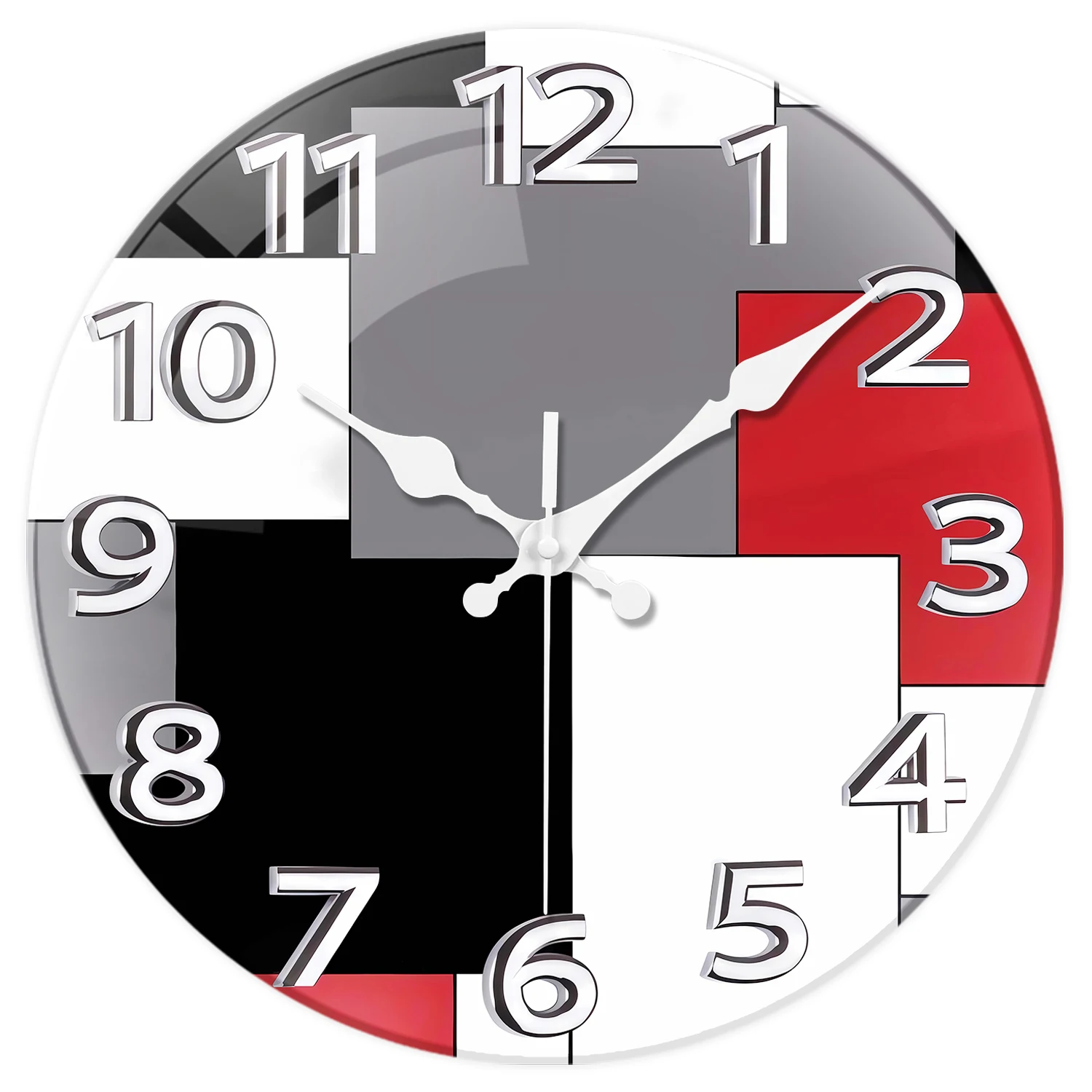 Relógio De Parede De Vidro Temperado Com Padrão Geométrico Abstrato Em Vermelho, Preto E Cinza (16 Polegadas), Relógio De Quartzo Silencioso.