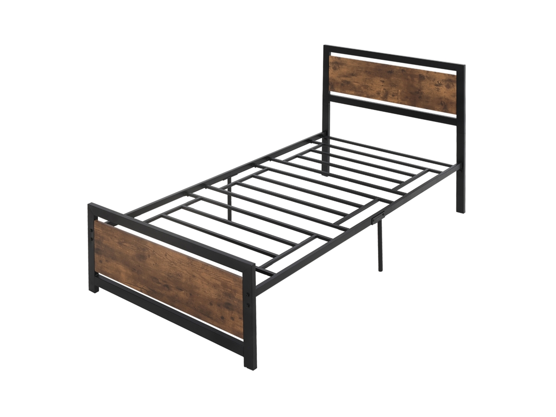 Estrutura de cama individual, madeira e aço, ripas, industrial, 97x208x103cm, Preto Marrom | S/MARCA