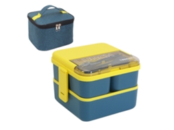 Bandeja De Refeições Plástica Dupla Com Divisórias Quadradas E Saco Térmico (azul Com Saco) 17*16*12.5cm