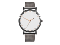 Relógio de quartzo para casal com pulseira de malha, estilo casual e moderno, nas cores branco e preto.