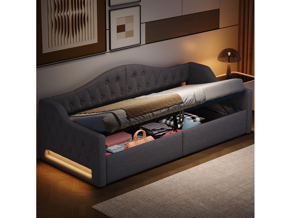 Daybed Acolchoada 90x200 Com Cinto De Led E Armazenamento Por Baixo, Cinza-op