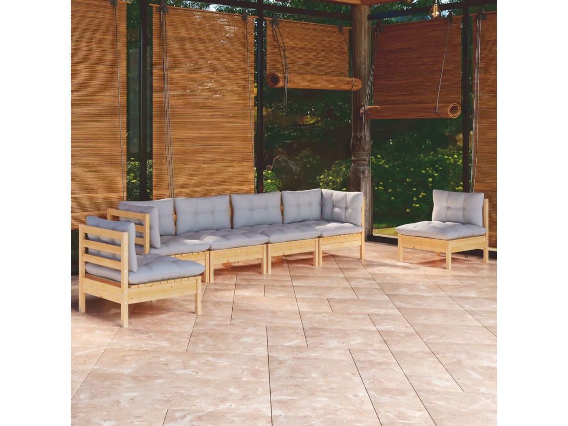 Vidaxl 6 Pcs Conjunto Lounge De Jardim + Almofadões Cinza Pinho Maciço