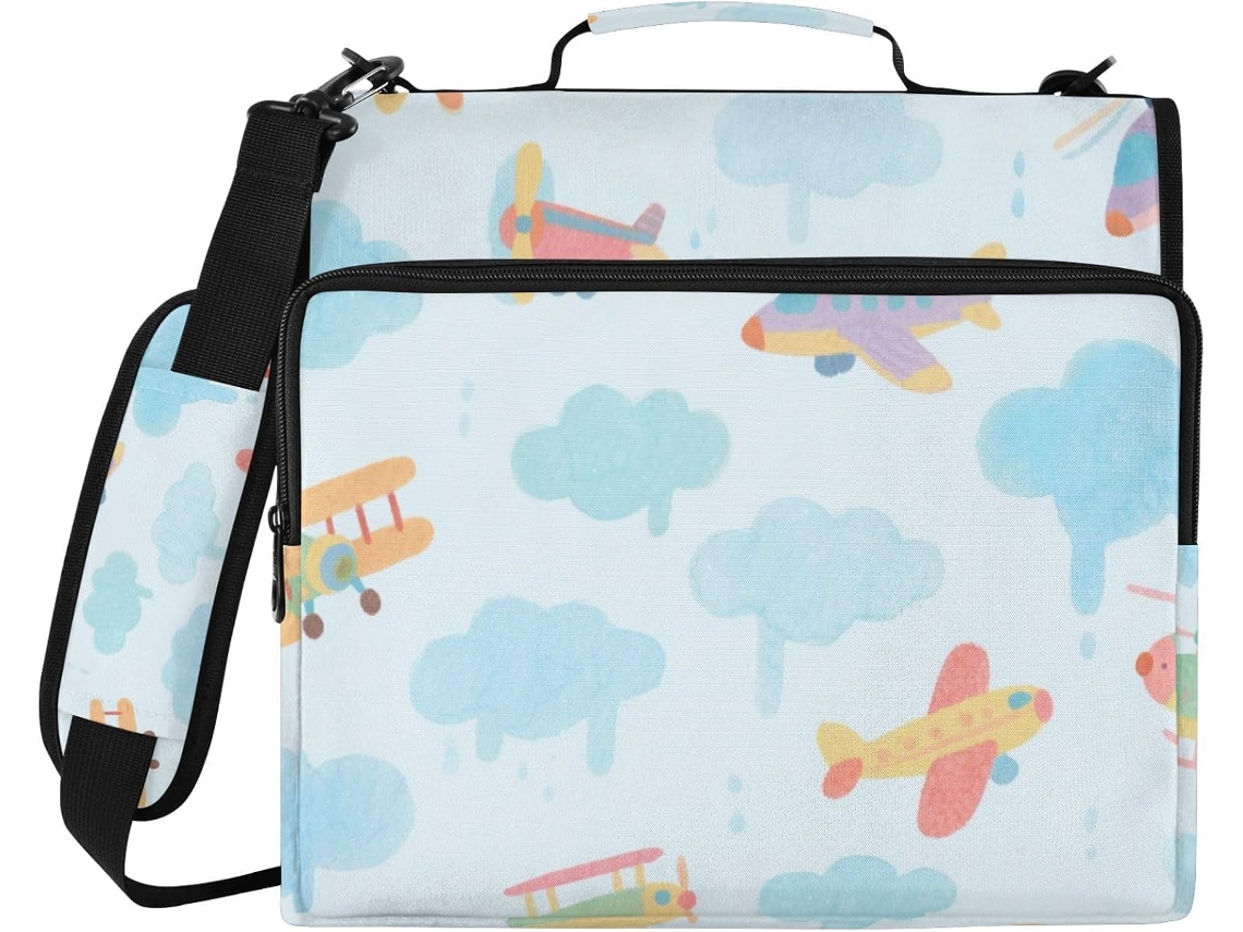 Pasta colorida com 3 argolas, altura ajustável e design evasê, fácil de transportar e organizar documentos para a escola.