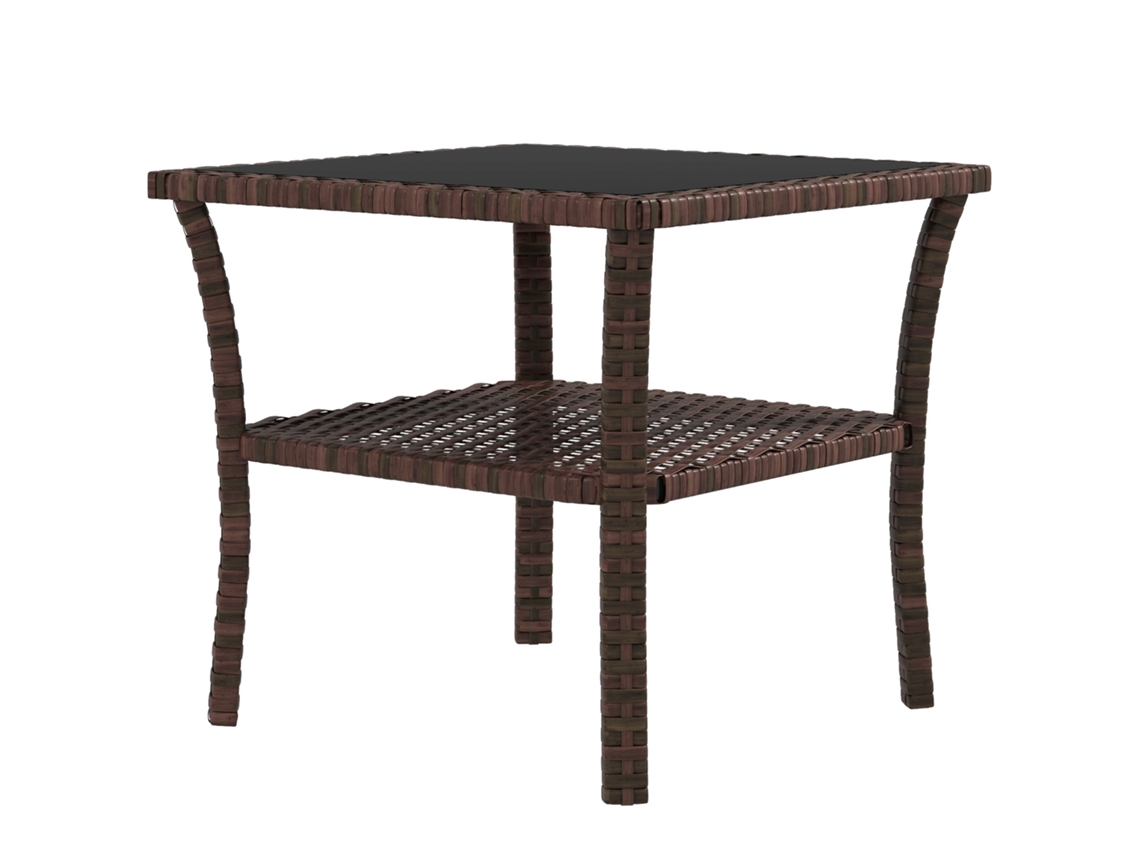Mesa De Vime Quadrada 50x50x45 Cm De Jardim E Prateleira Tampo De Vidro Suporta 30 Kg Para Terraço Pátio Castanho