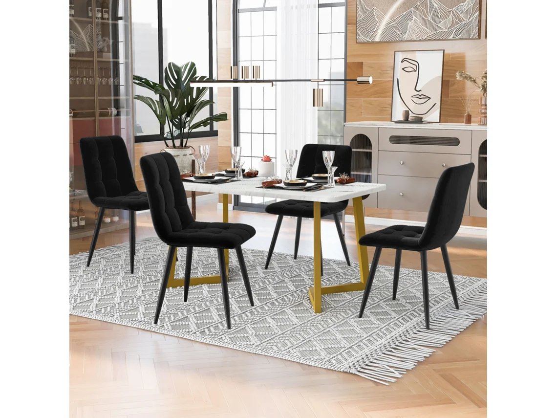 Conjunto Jantar 117x68cm + 4 Cadeiras Veludo Preto, Pernas Douradas.-qq