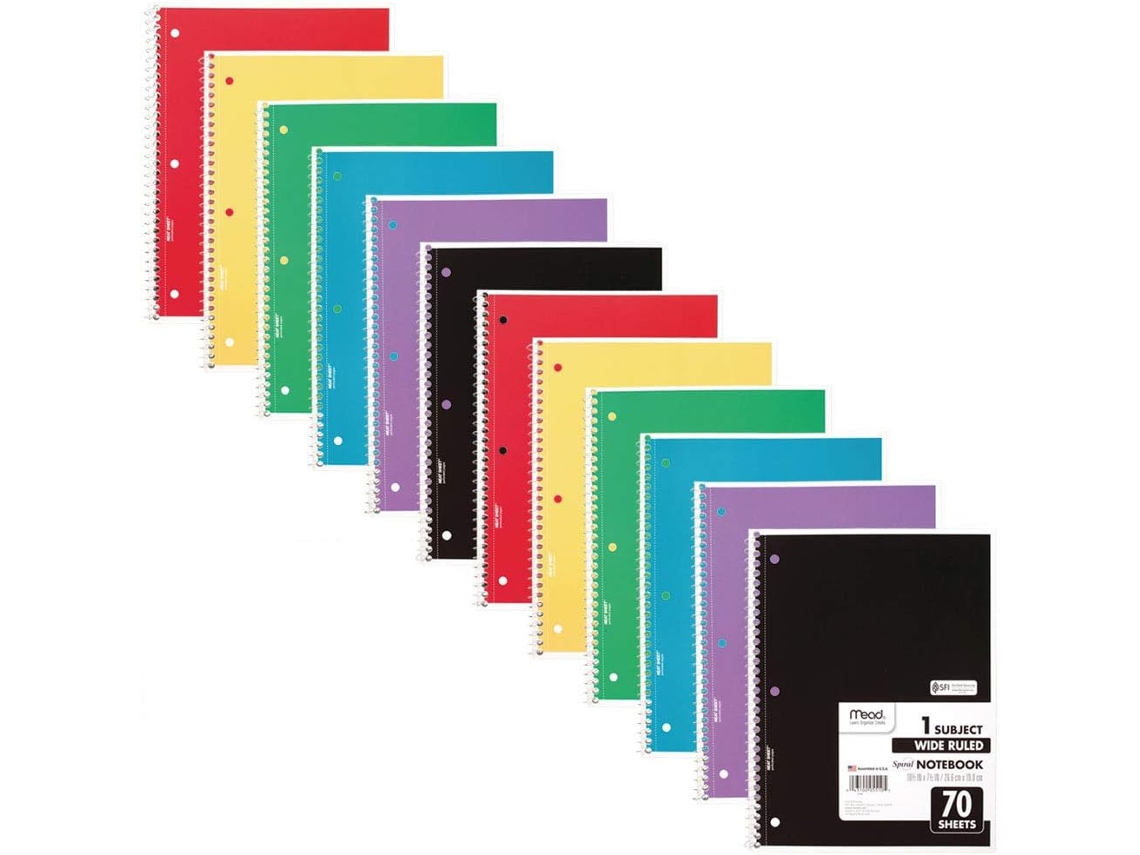 Caderno Espiral Mead, Pacote Com 12 Unidades, 1 Folha Em Branco, Papel Com Listras Largas, 26, 7 X 20, 3 Cm, 70 Folhas Por Bloco, Cor Variável