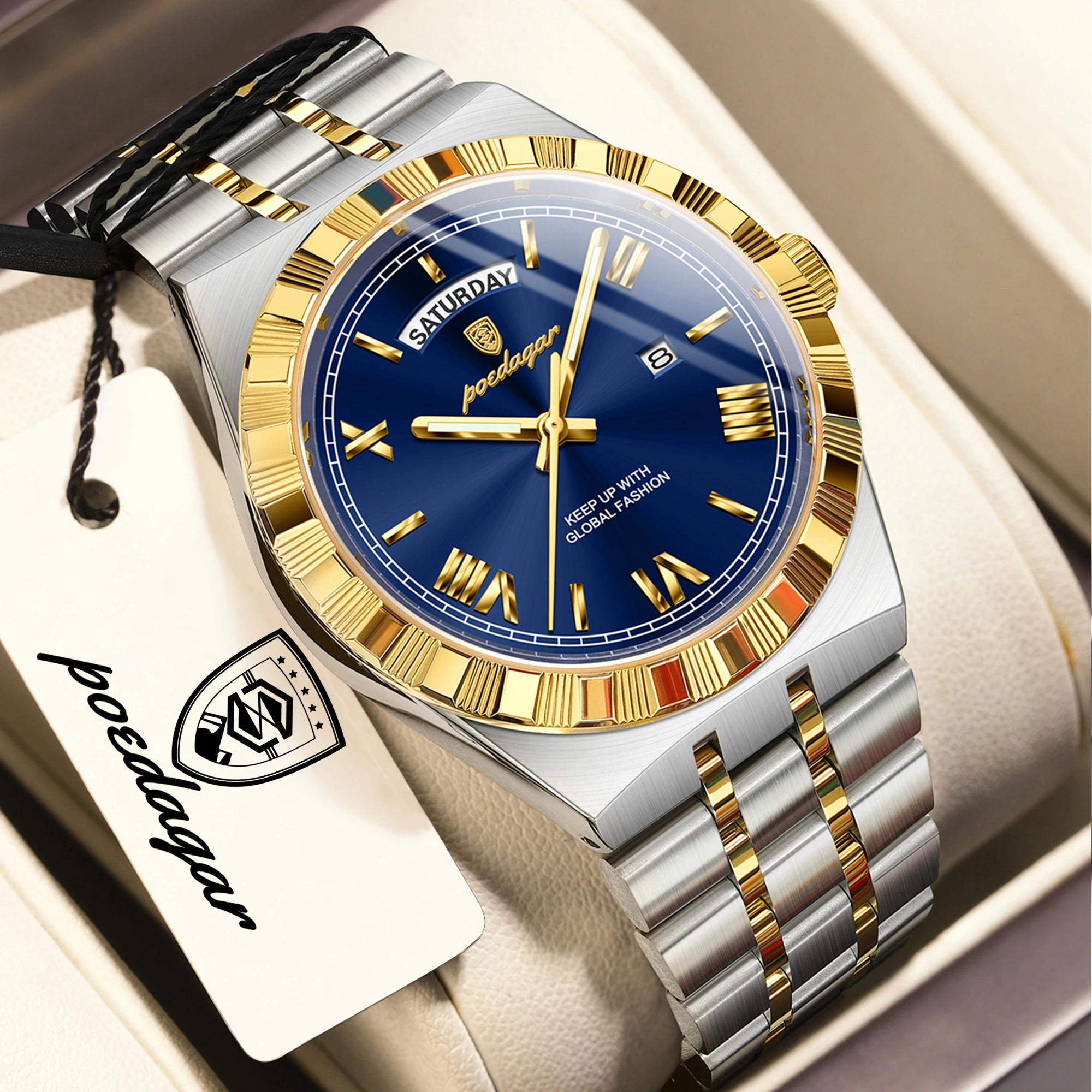 Relógio masculino clássico de luxo original (dourado e azul), com exibição de dia e data, à prova d'água e luminoso.