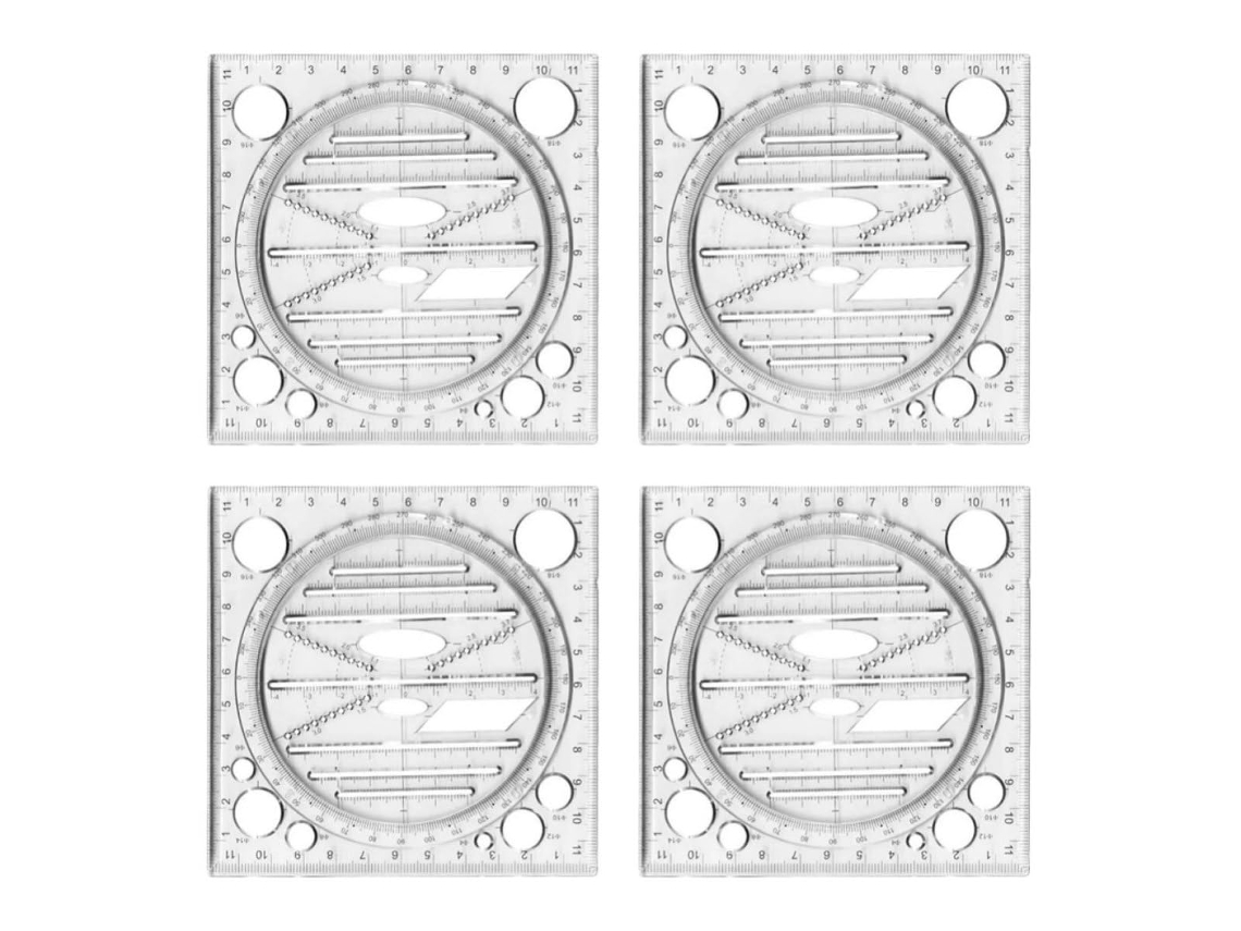 Réguas multifuncionais para desenho geométrico, gabarito para figuras geométricas, 4 peças de plástico, para marcação e