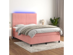 Cama Box Spring C/ Colchão/led 140x190 Cm Veludo Rosa