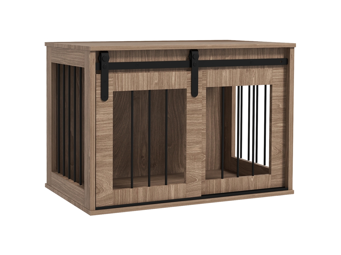 Porta Deslizante Interna de Caixa para Cachorro, Metal com Efeito de Madeira, Escuro. 57h X 80l X 54w Cm Ge